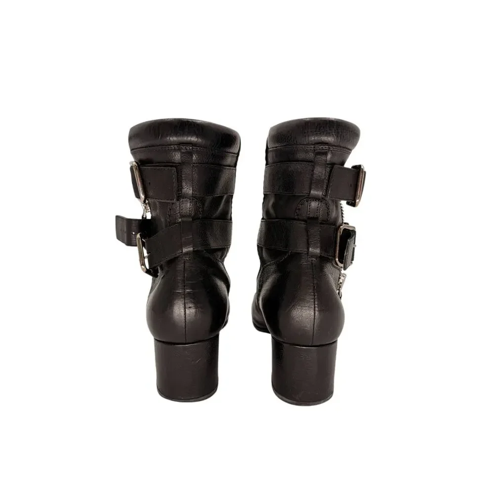 Chanel Leather Interlocking CC Logo Ankle Moto BIker Boots Black Women's Size 38